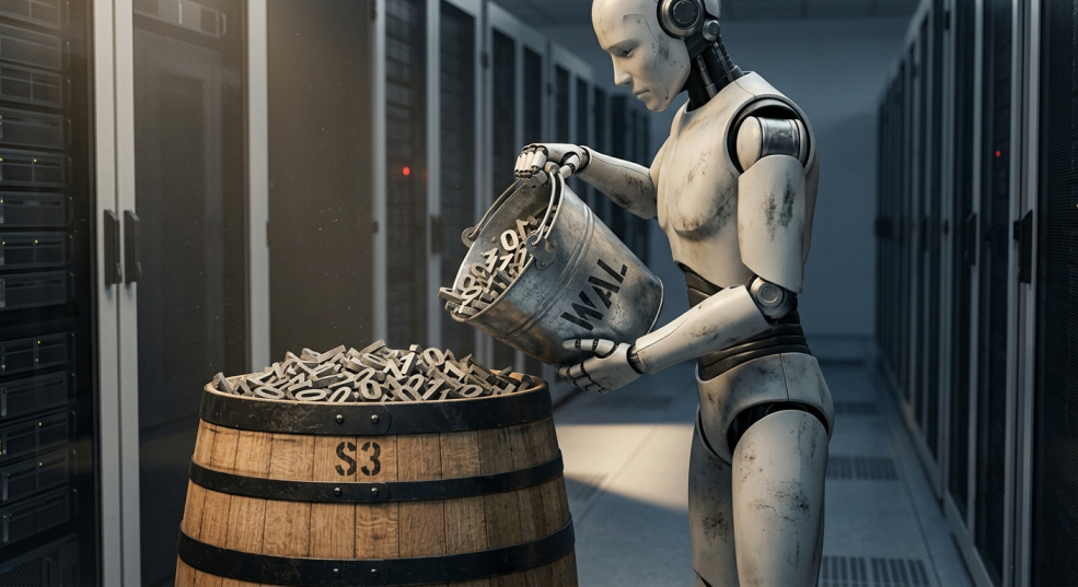 A robot in a datacenter aisle holds a zinc pail stencilled WAL, packed with ones and zeroes, tipped over an oak barrel stencilled S3 — and stops, because the barrel is already filled to the brim with someone else's bits. Nothing can be poured in.